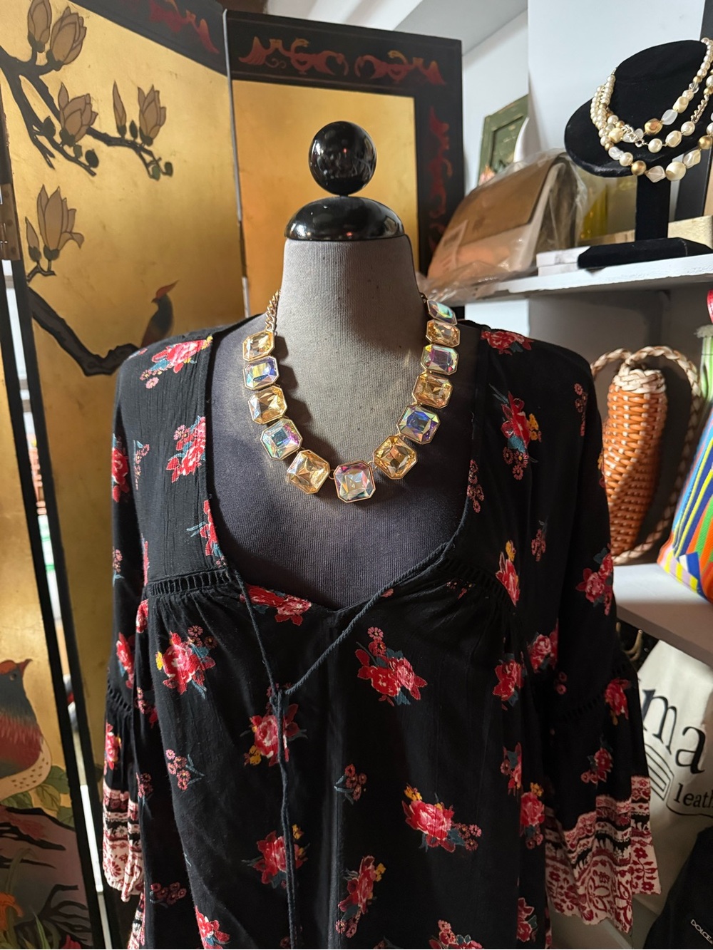 Angie Black Floral Boho Tunic with Red and Pink Flowers
